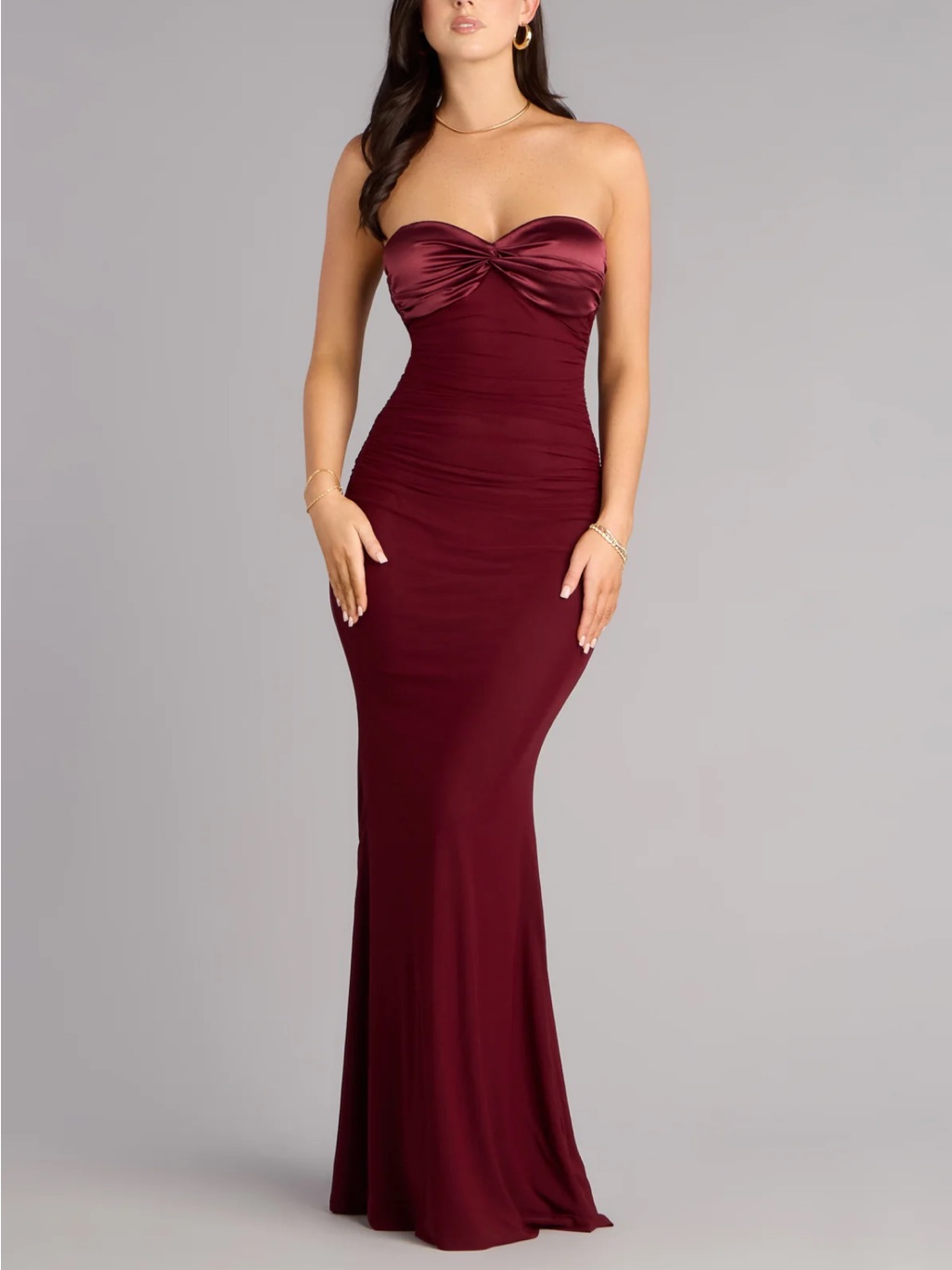 Windsor Satin Tie-Back Mesh Mermaid Dress - Burgundy / Wine